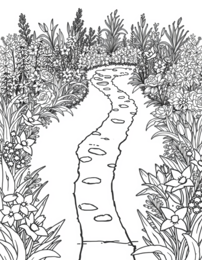 An Idyllic Garden With Colorful Blooms And A Meandering Stream