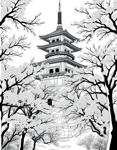 Cherry Blossoms Dance Around Tower