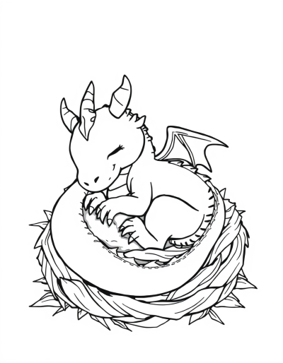 Sleepy Dragon Curled Up In A Cozy Nest