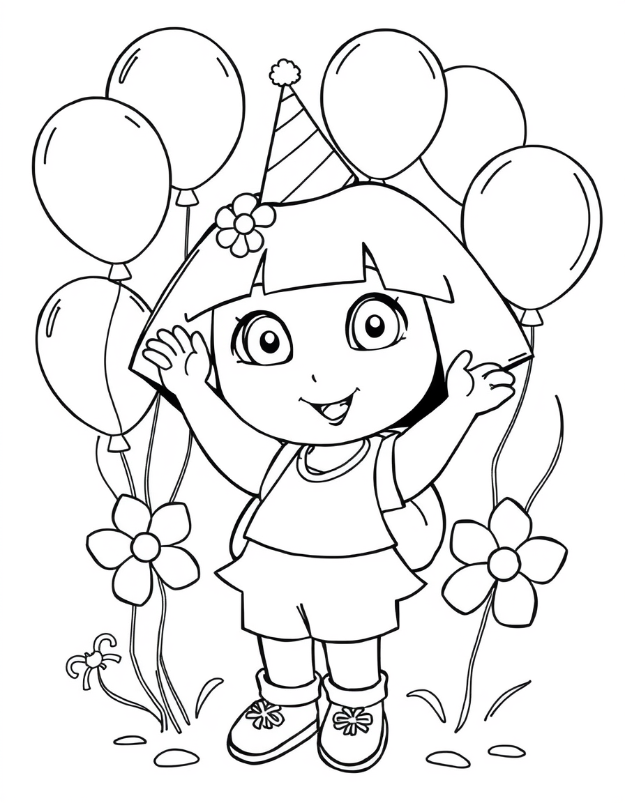 Dora Surrounded By Birthday Balloons