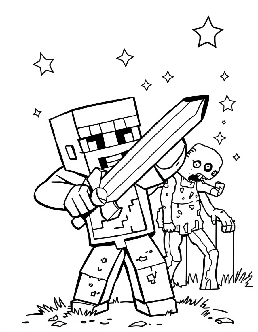 Minecraft Coloring Pages Steve Fighting