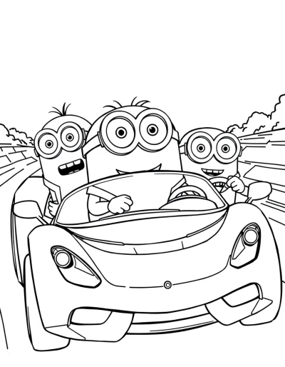 Minions Driving A Orange Sports Car