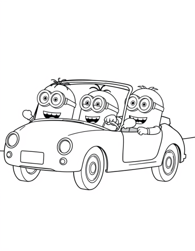 Minions Driving A Silver Convertible
