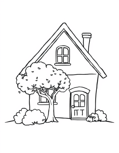 A Quaint Outline Of A House With A Tree In The Yard