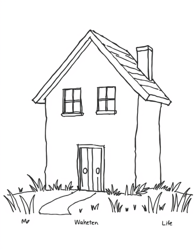 A Sketch Of A Simple Outline House With A Grassy Lawn