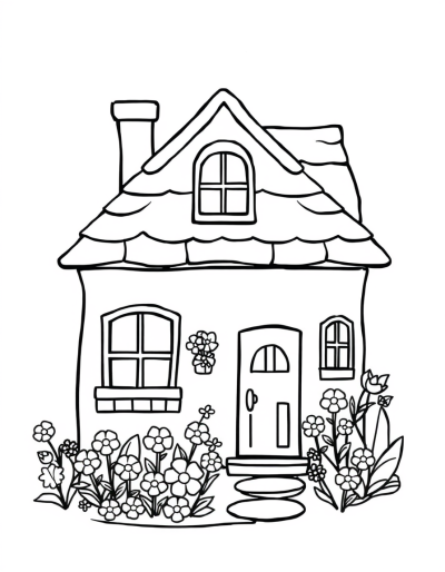 An Outline Of A Cozy House With A Flower Garden