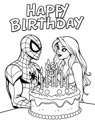 Spiderman Enjoying A Birthday Cake With Mary Jane