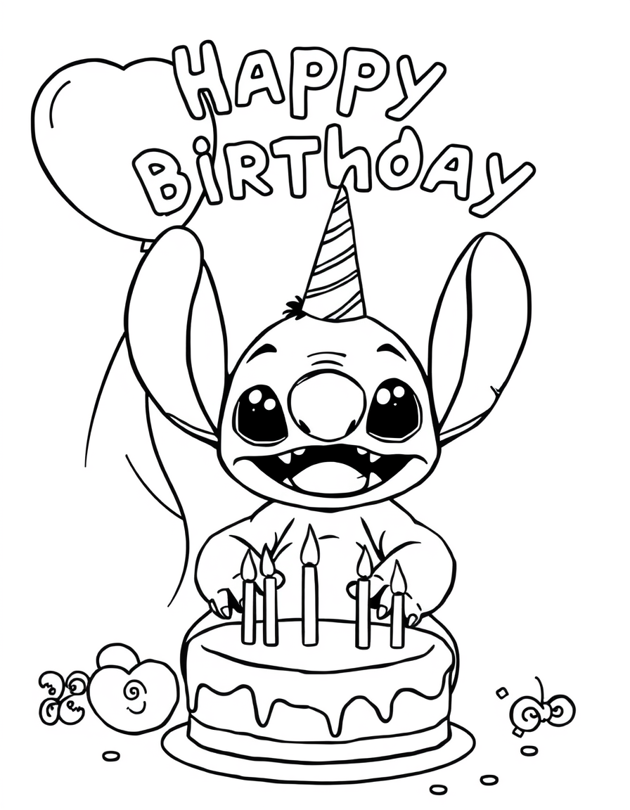 Stitch Celebrating A Birthday With Balloons And Cake