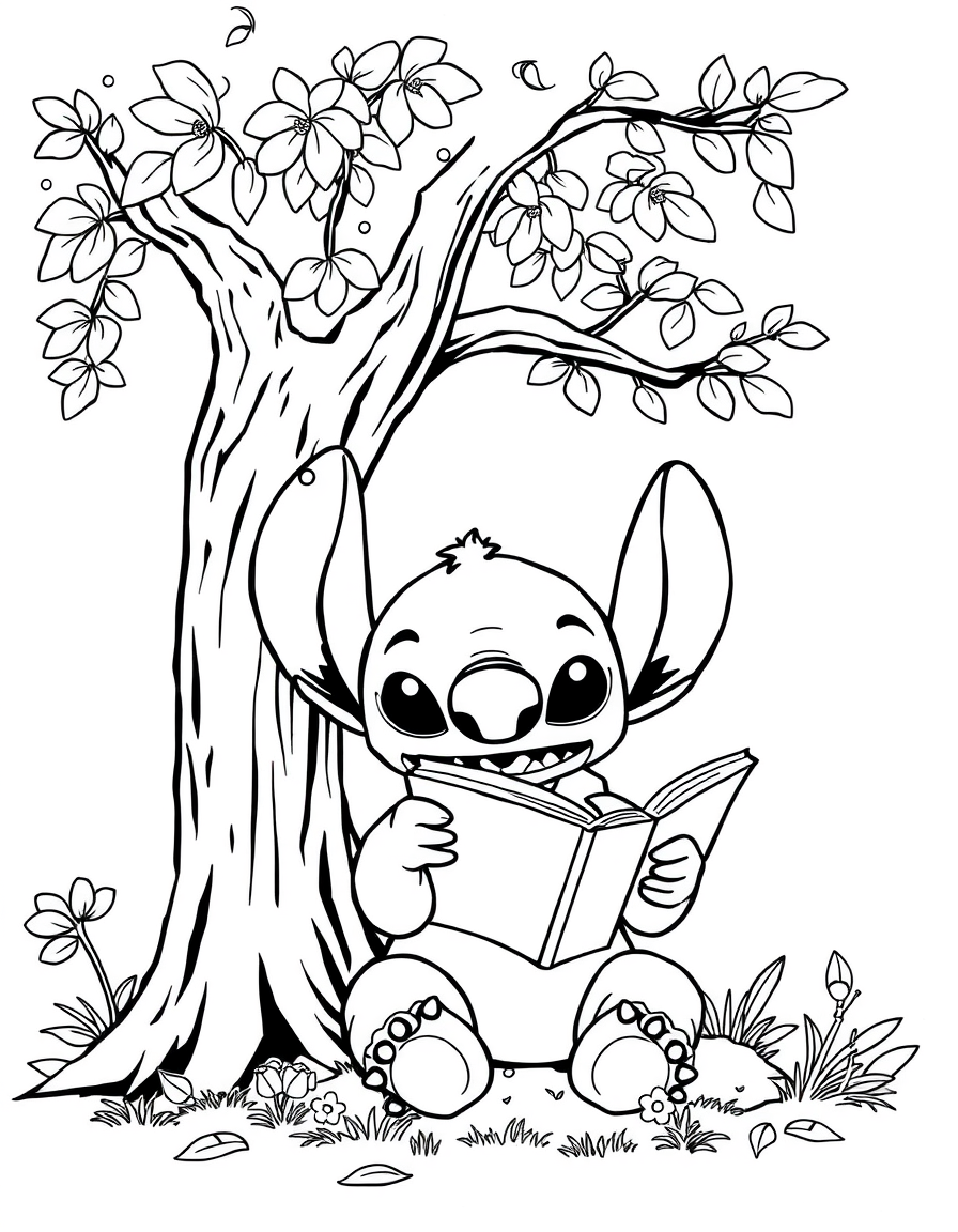 Stitch Reading A Book Under A Tree