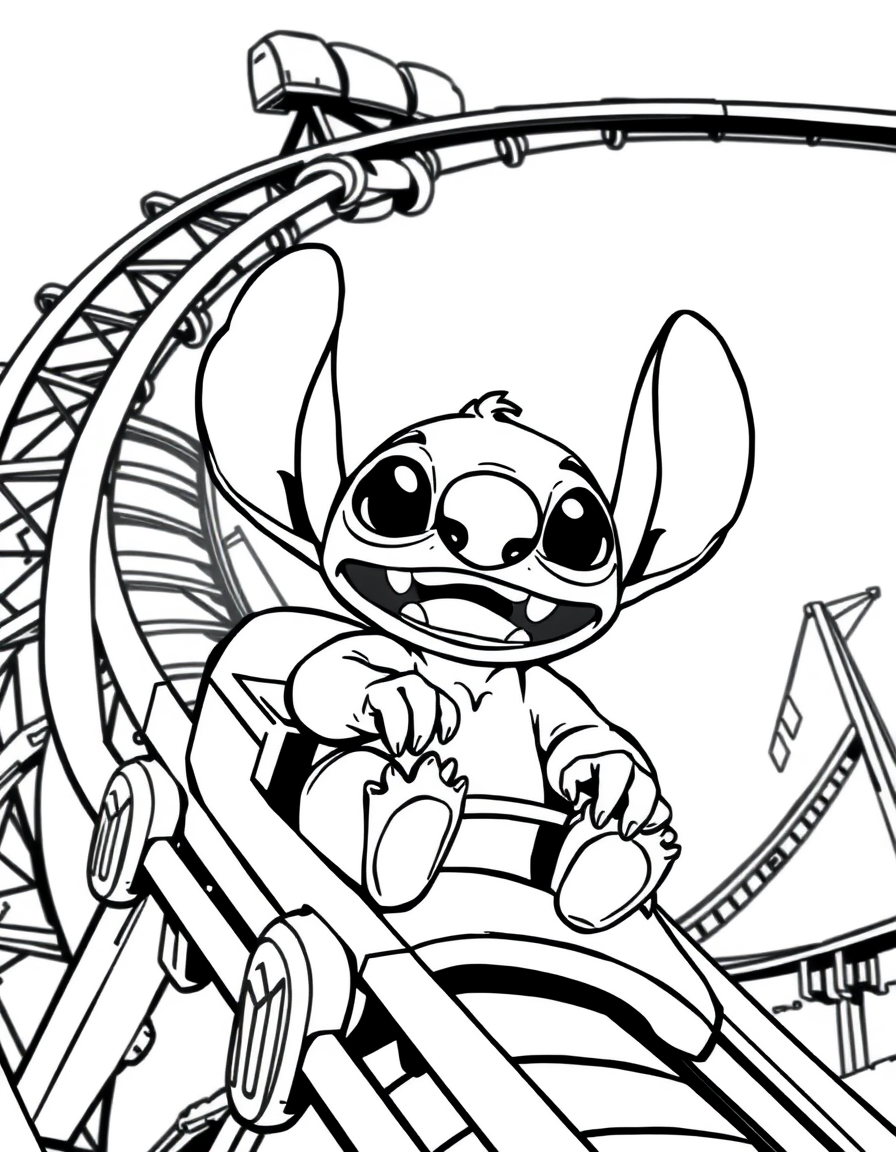 Stitch Riding A Roller Coaster At The Amusement Park