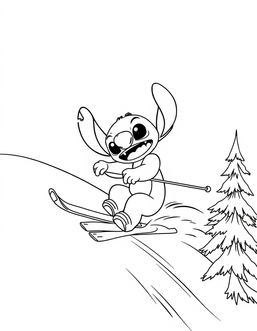 Stitch Skiing Down A Snowy Mountain