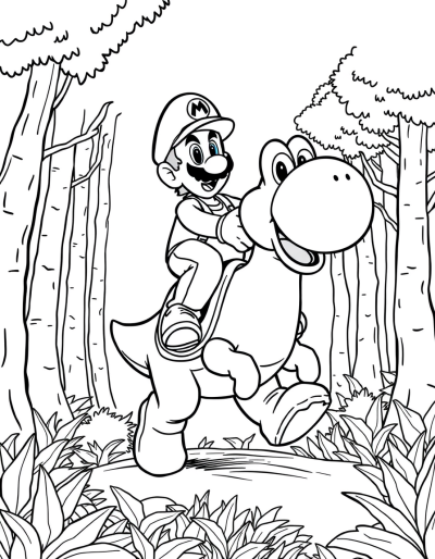 Luigi Riding Yoshi Through Woods