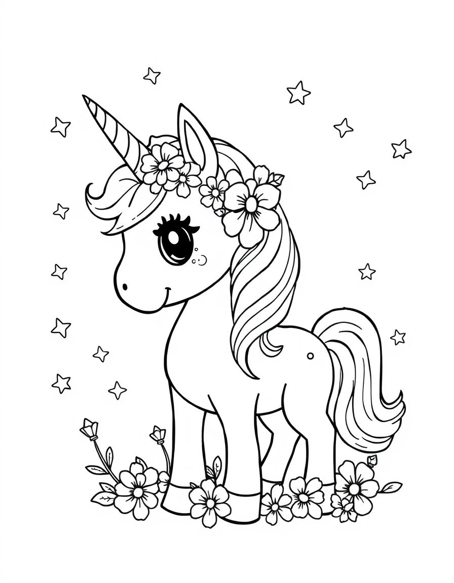 Cute Unicorn With Flowers And Stars