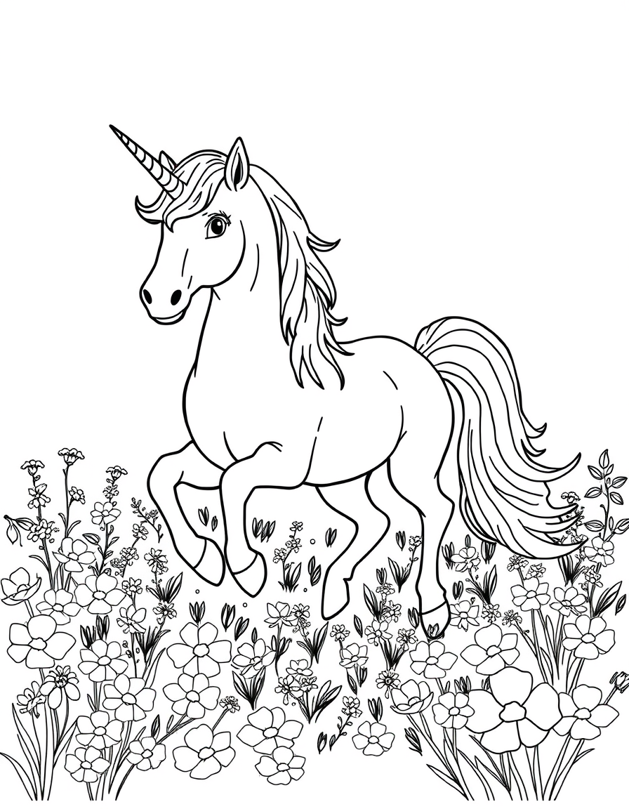 Unicorn Prancing In Fields Of Flowers