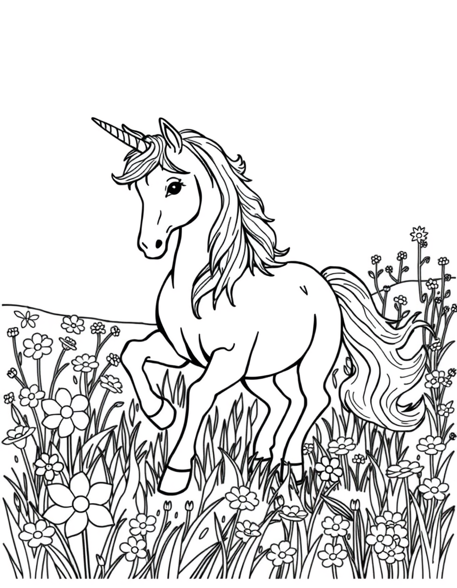 Unicorn Prancing Through Flower Meadow