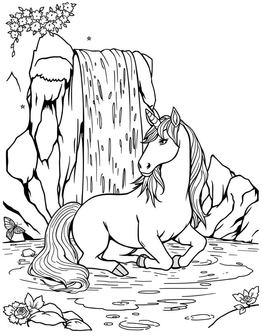 Unicorn Resting By Shimmering Waterfall