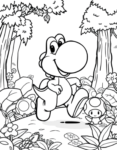 Yoshi Is Running Through A Colorful Forest