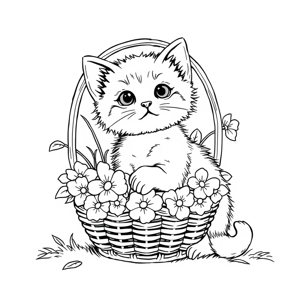 Flower basket cat Coloring Pages