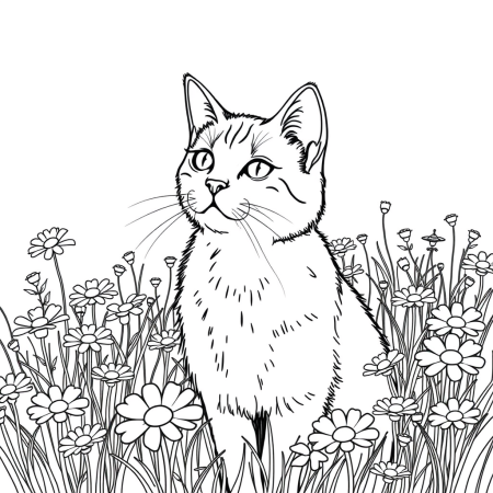 cat in a daisy field Coloring Pages