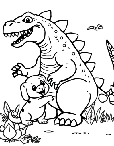 Adorable Godzilla Coloring Page With Playful Puppy