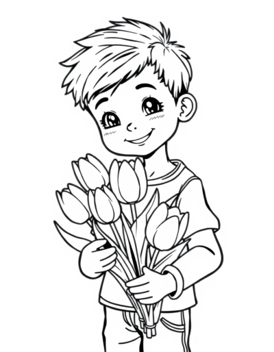 The Boy Happily Holds Tulips