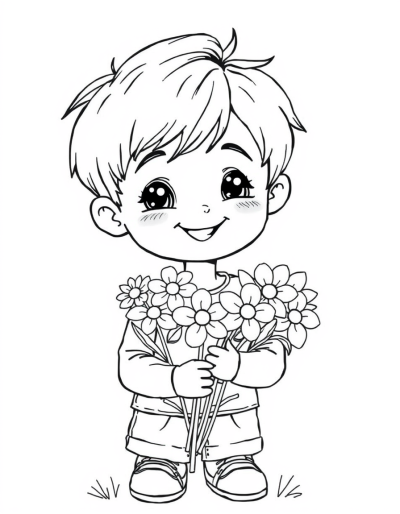 The Boy Smiles And Holds Flowers