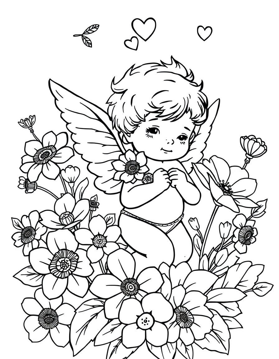 Cute Cupid Surrounded By Flowers