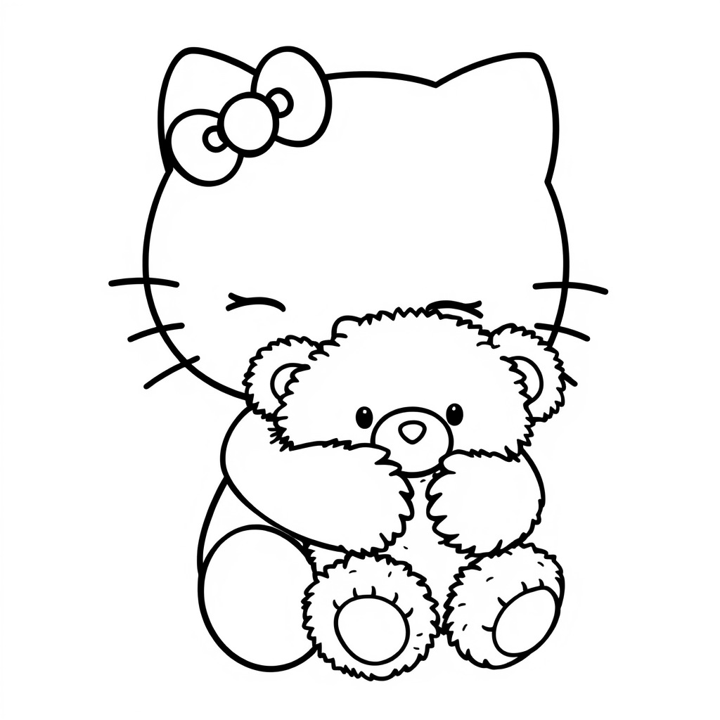 Hello Kitty cuddles a fluffy teddy bear