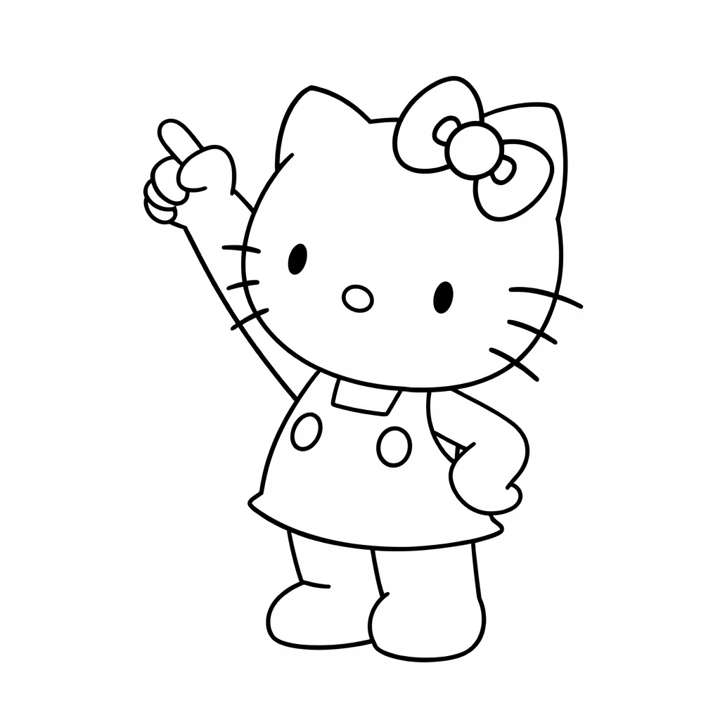 Hello Kitty stands with one arm stretched up