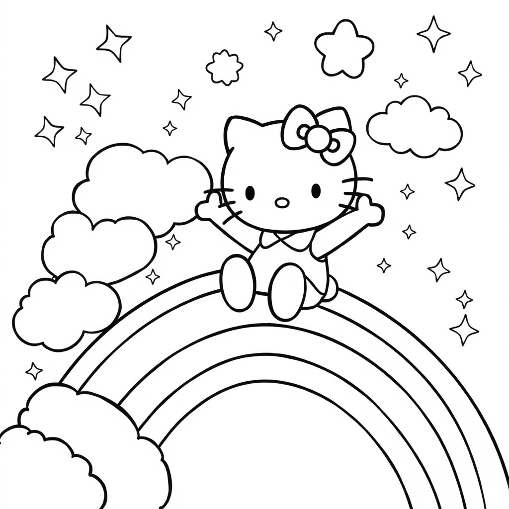 Hello Kitty is sliding down a magical rainbow