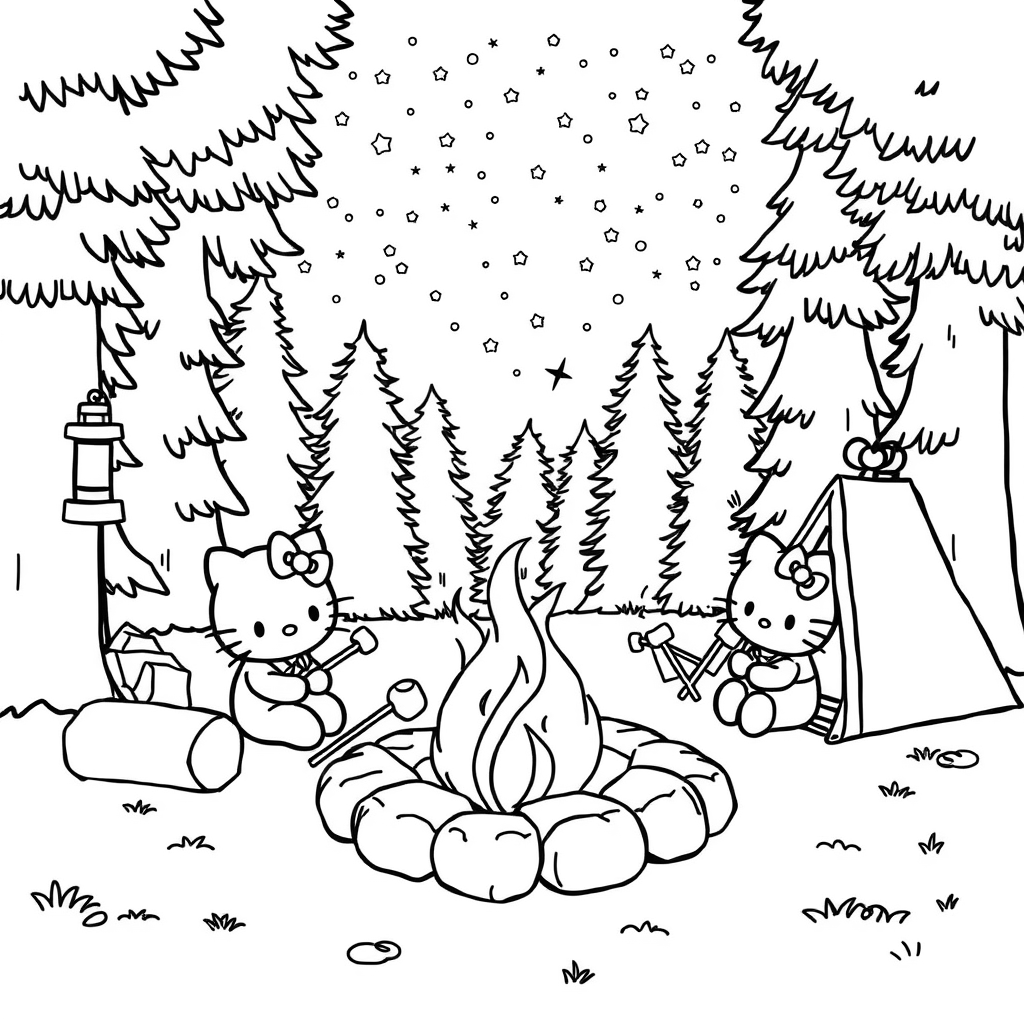 Hello Kitty and her friends sit by a campfire in the woods