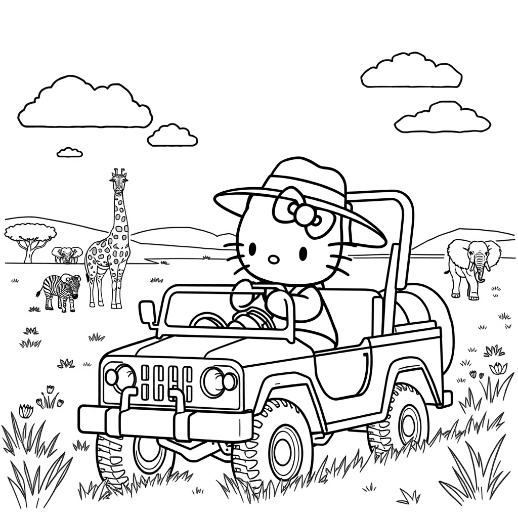 Hello Kitty rides in a jeep on a safari