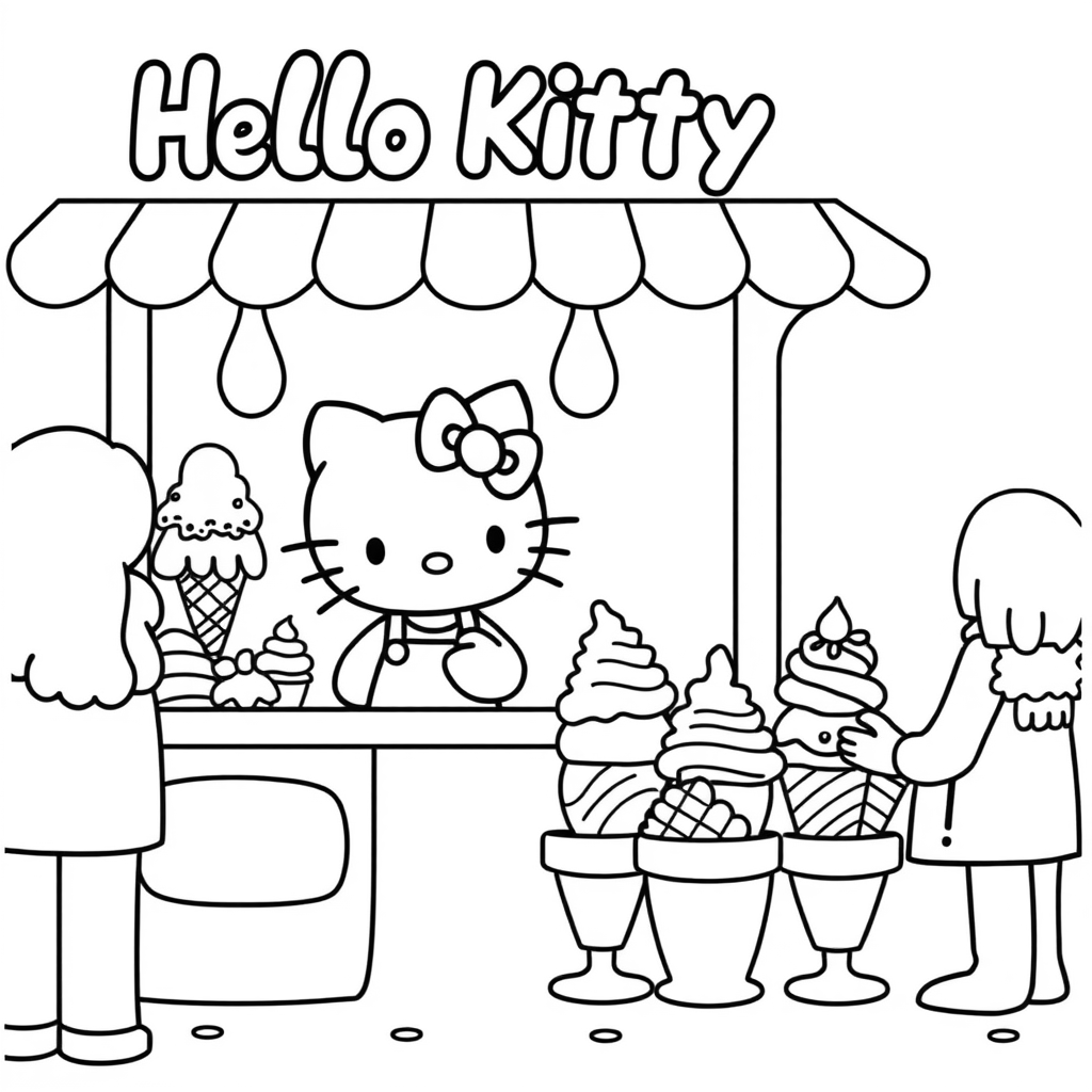 Hello Kitty works at an ice cream stand