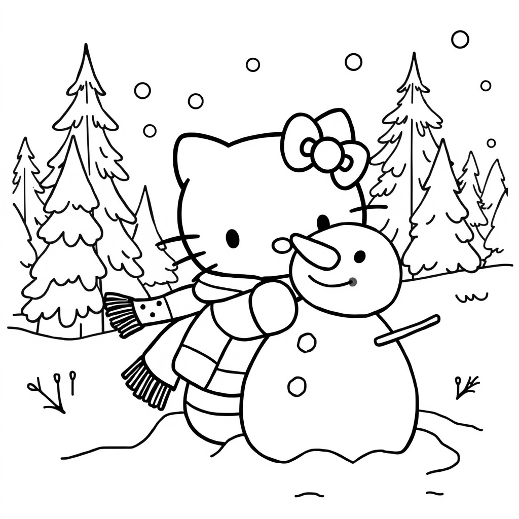 Hello Kitty is building a snowman