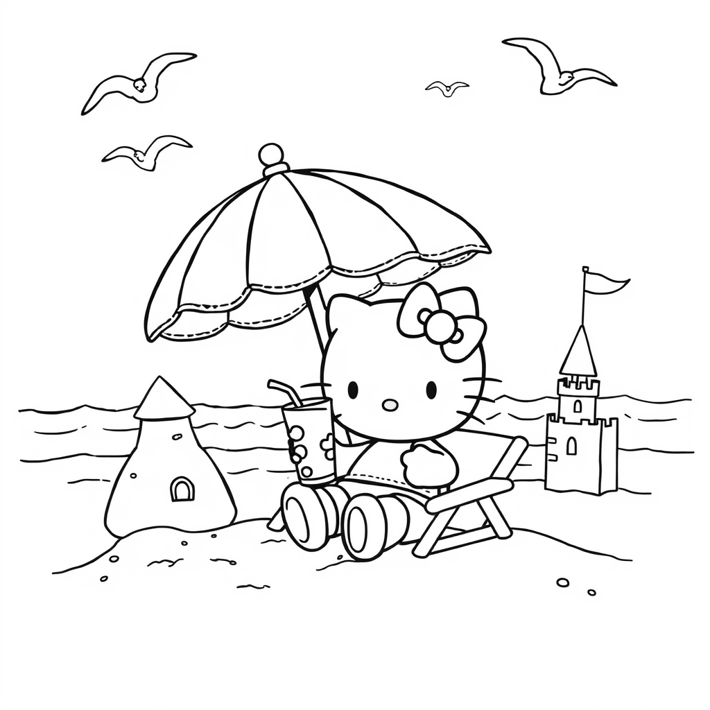 Hello Kitty relaxes on a sunny beach