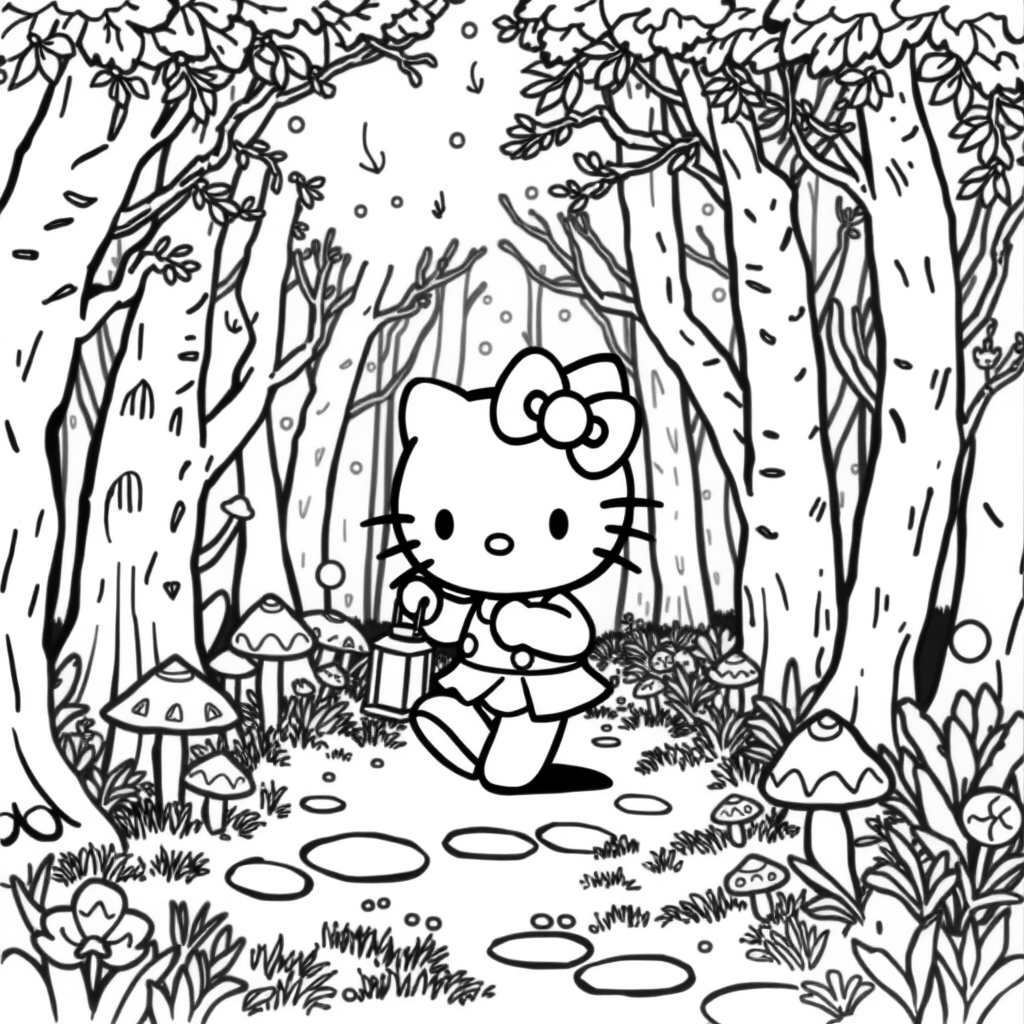 Hello Kitty strolls through an enchanting forest