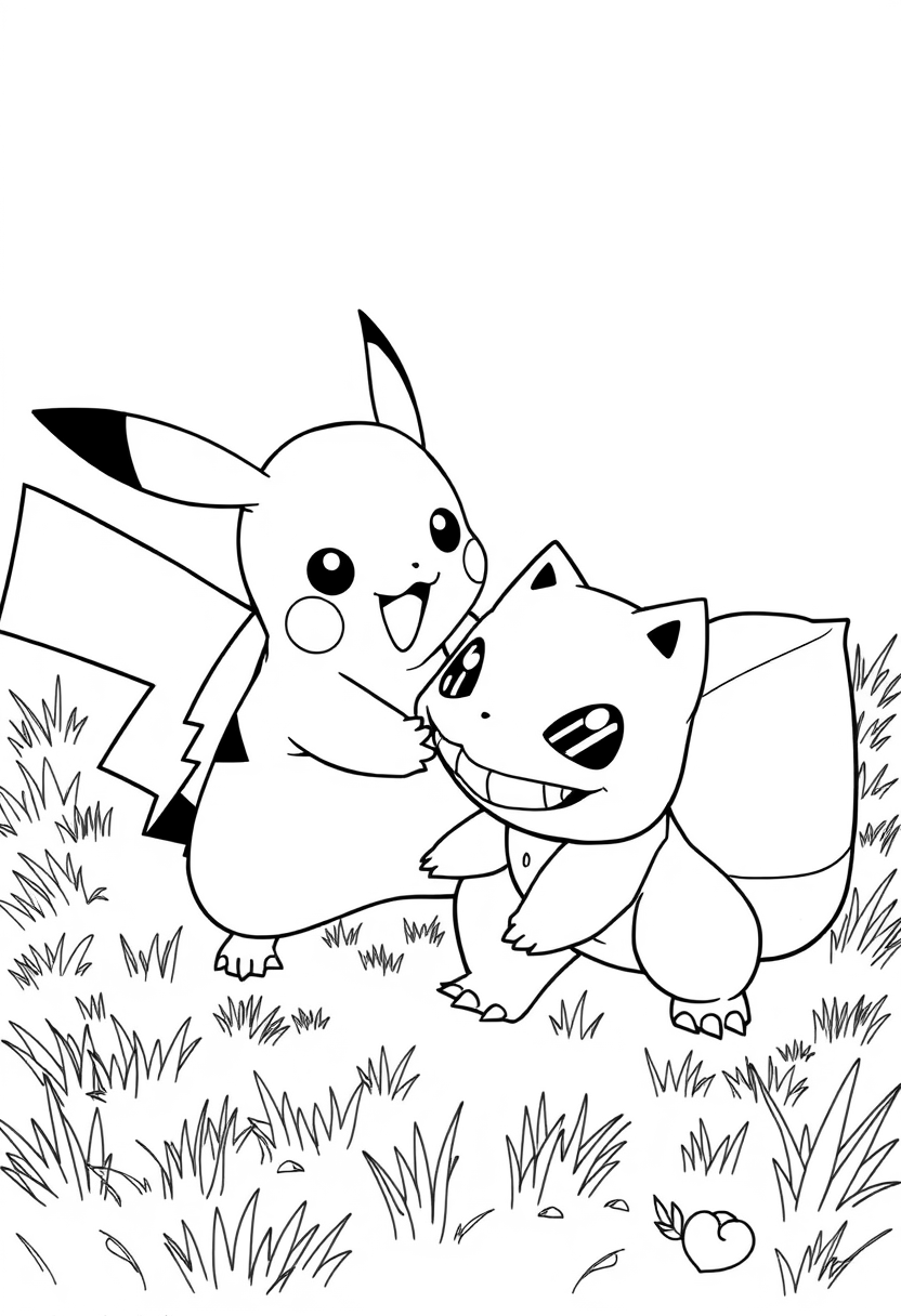 Pikachu and Bulbasaur playing coloring page