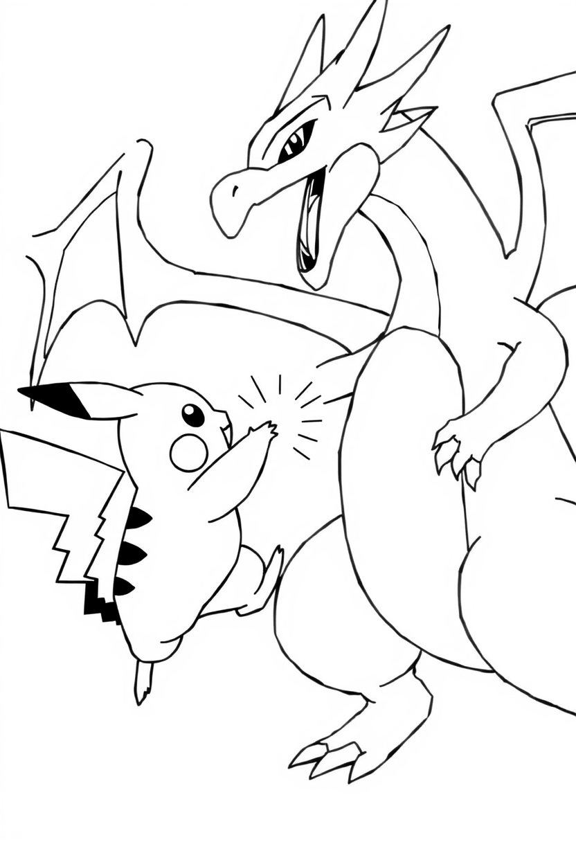 Pikachu and Charizard fighting coloring page