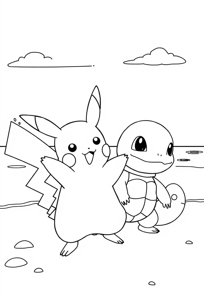 Pikachu and Squirtle at the beach coloring page