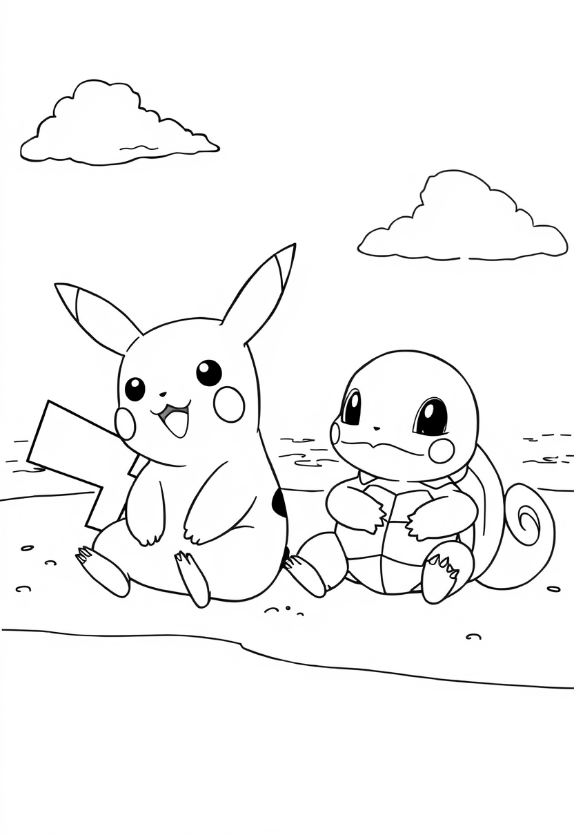 Pikachu and Squirtle relaxing on the beach