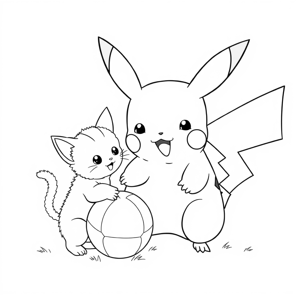 Pikachu and kitten playing with ball coloring page