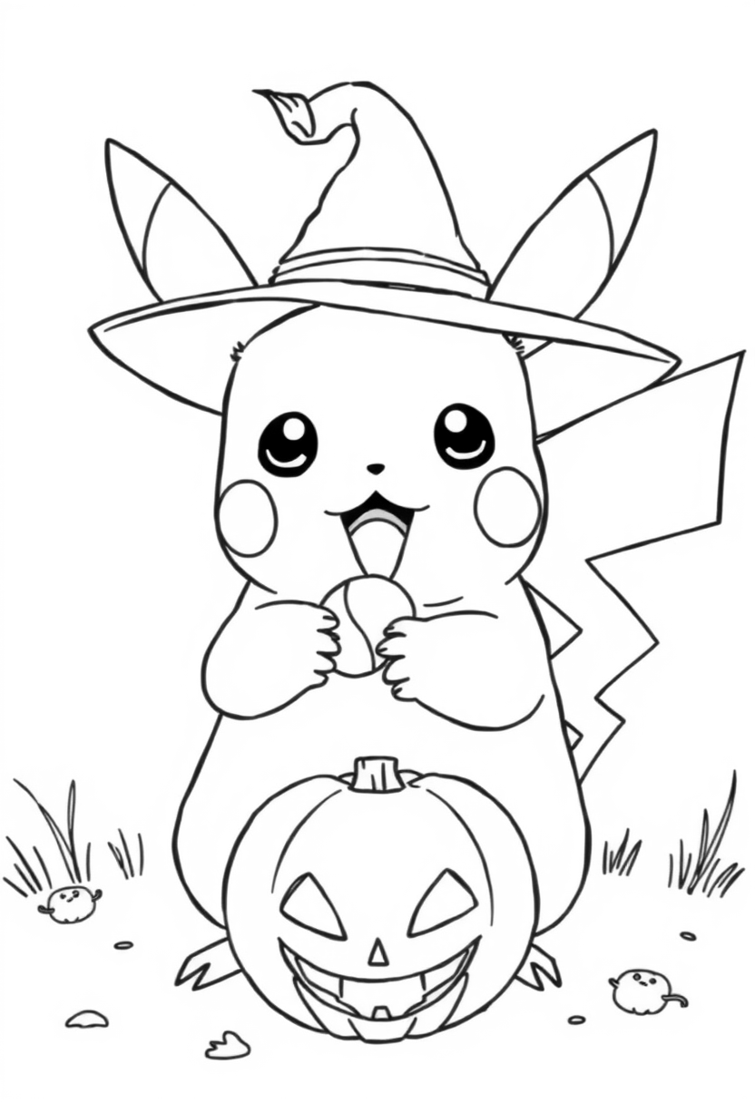 Pikachu eating candy on Halloween coloring page