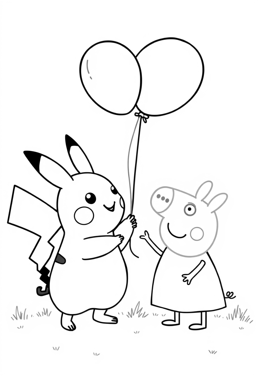 Pikachu gave the balloon to Peppa Pig coloring sheet