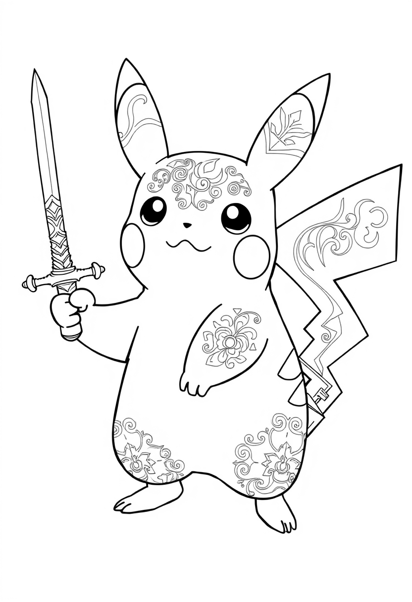 Pikachu holding a sword with intricate patterns