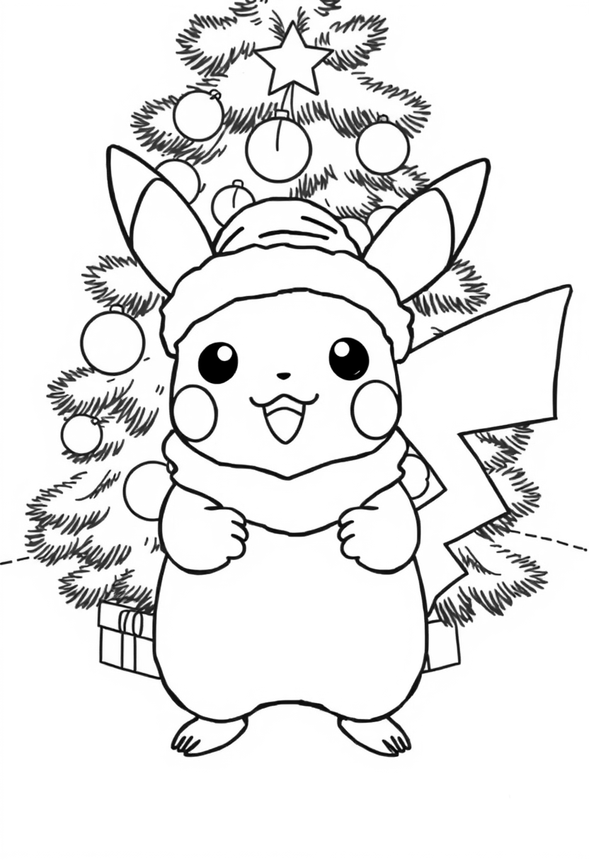 Pikachu in Christmas costume and the Christmas tree