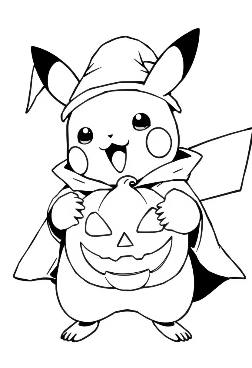 Pikachu in Halloween wizard costume coloring page