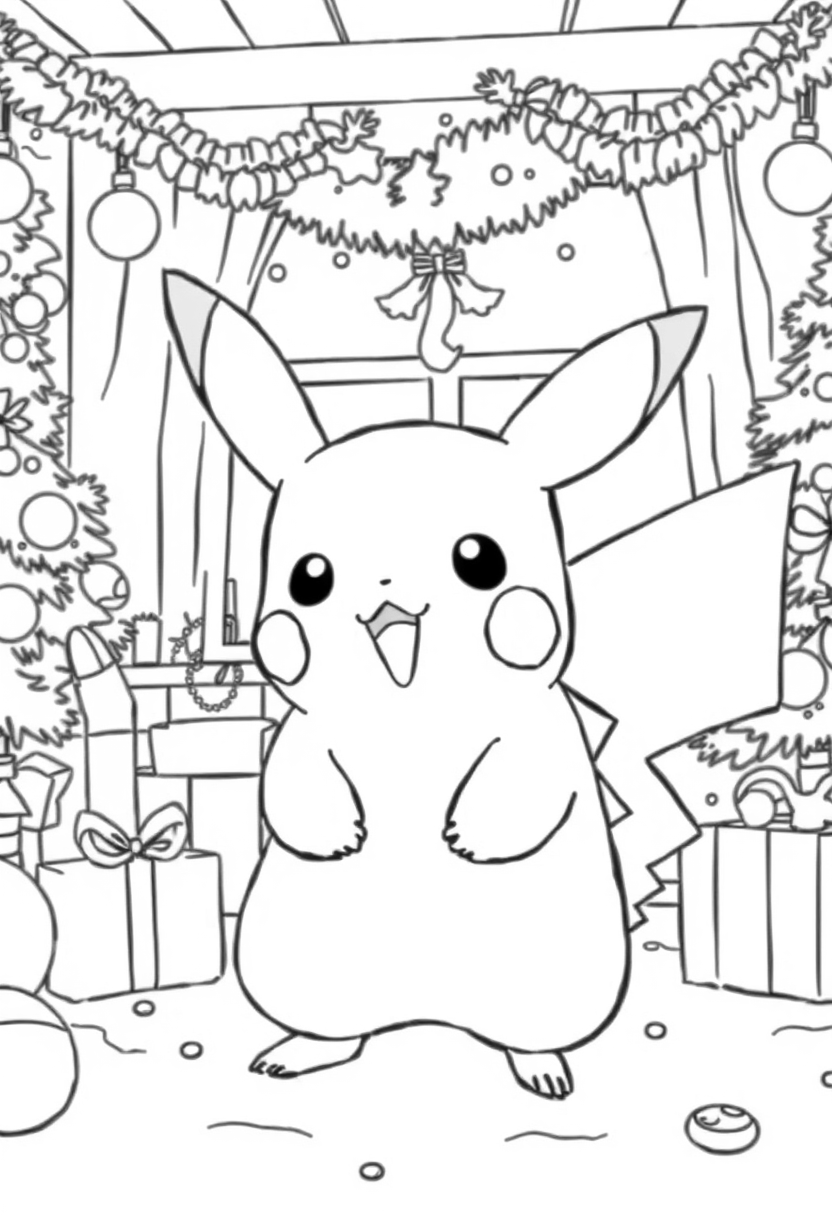 Pikachu in a room full of Christmas atmosphere