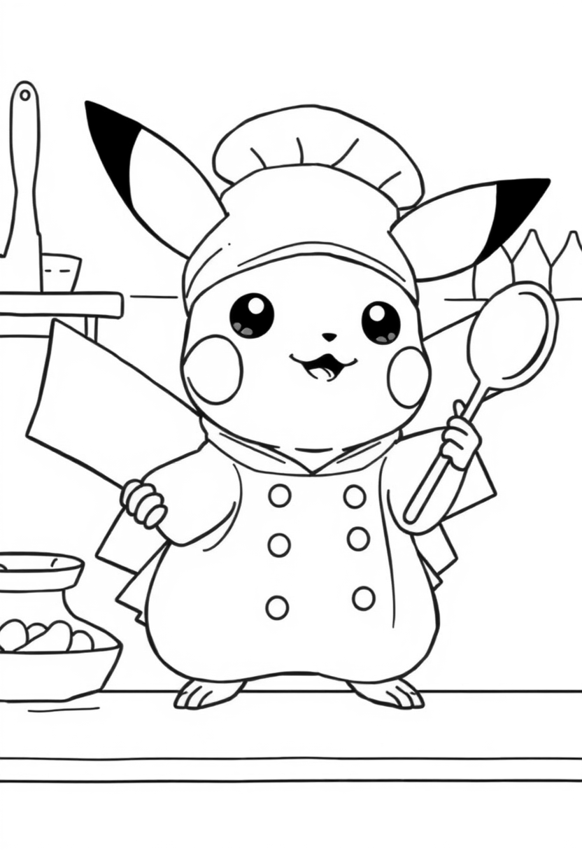 Pikachu in chef costume in the kitchen coloring page