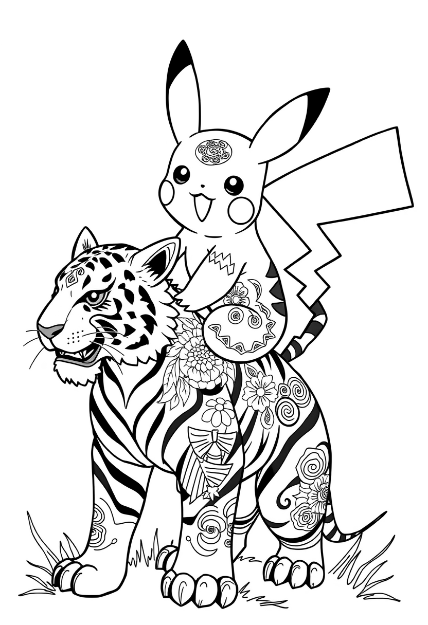 Pikachu is riding on a tiger