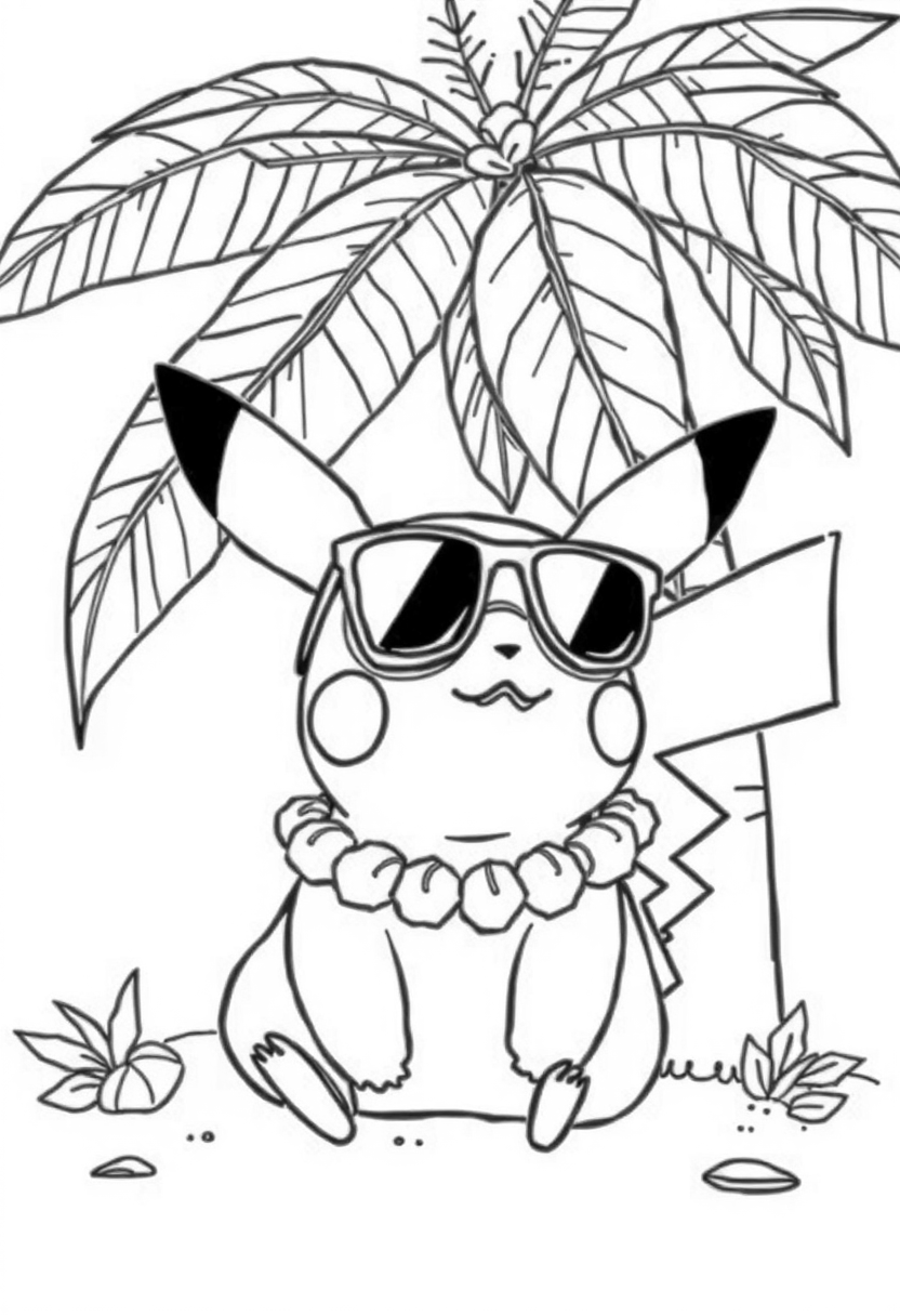 Pikachu lying under a coconut tree